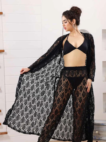 4 Piece Net Nighty Set Black