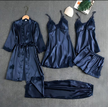 5-Piece Silk Nightwear Set for Women – ... Blue